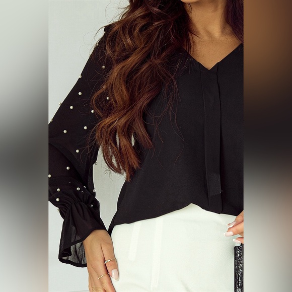 Black Pearl Mesh Flounce Sleeve V Neck Blouse - Picture 9 of 15